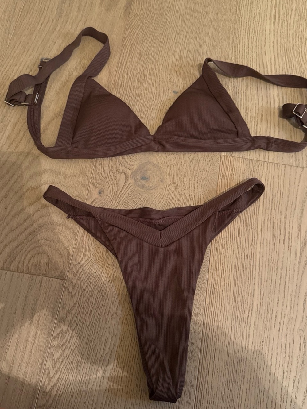 Women's Brown Ribbed Triangle Bikini Set